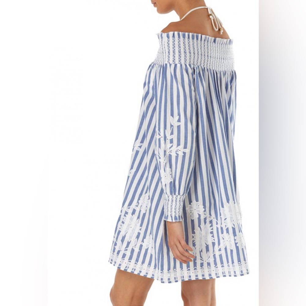 Juliet Dunn Blue and White Striped Off the Shoulder Smocked Mini Dress